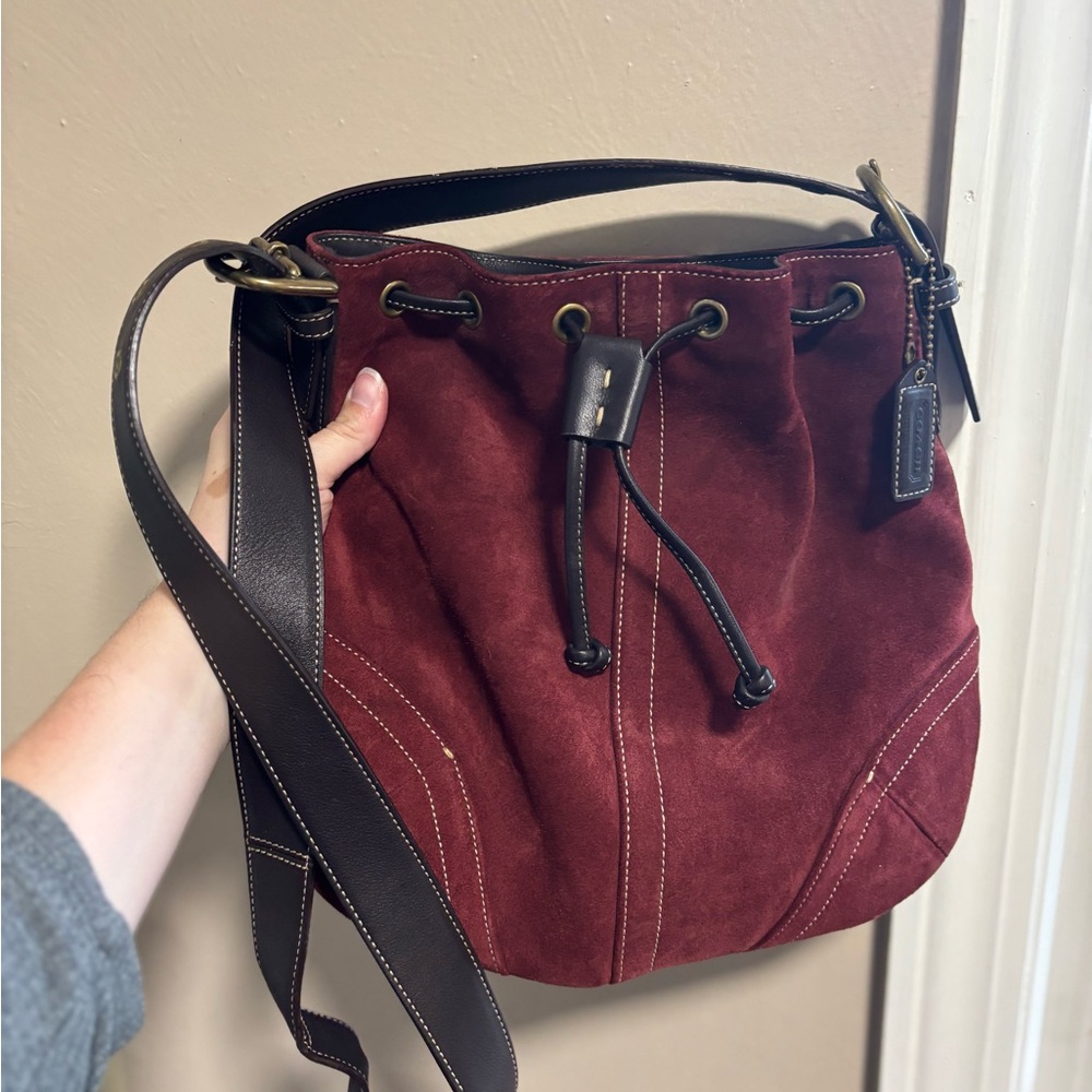 Vintage Coach Suede Bucket Bag – Burgundy & Black (Care Booklet Included)